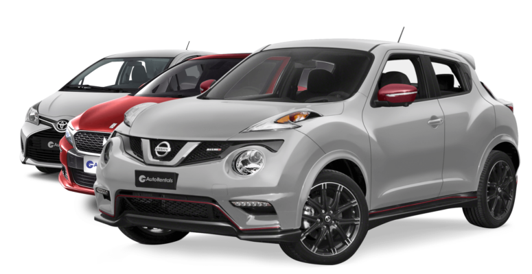 Three cars from the Auto Rentals Malta fleet — a Nissan Juke, a hatchback and a Toyota